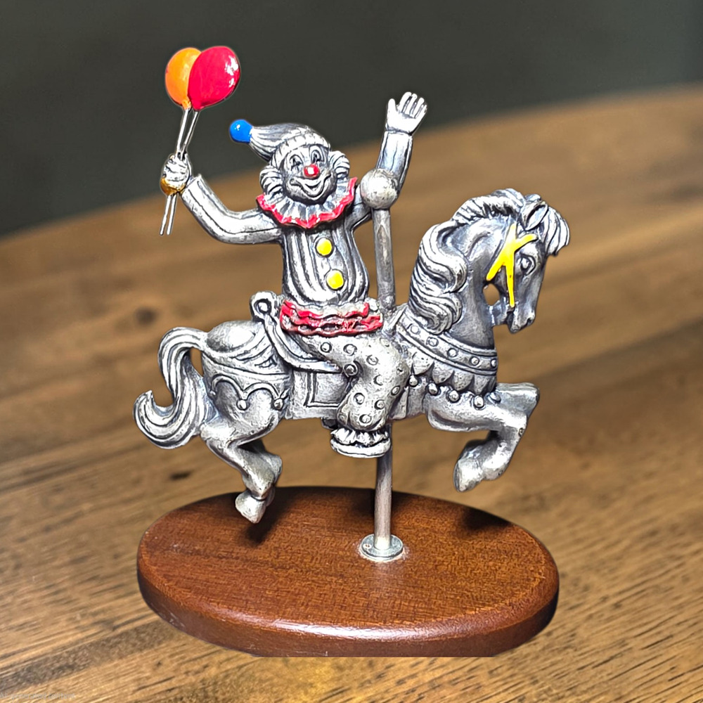 Vintage George Good Pewter Clown Carousel Horse Figurine Wood Base 5"
